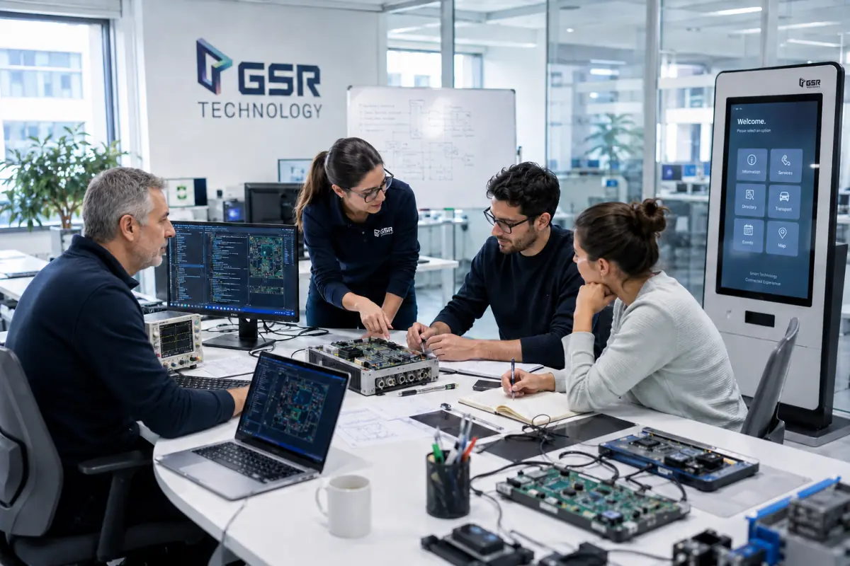 L'équipe GSR Technology en réunion projet — laboratoire avec borne interactive