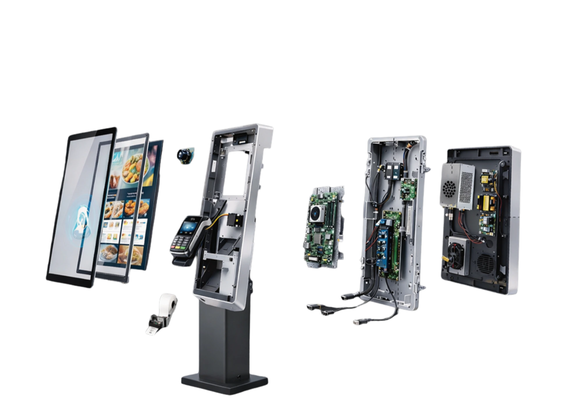 Borne interactive industrielle GSR Technology — vue éclatée des composants : cover glass, dalle tactile, écran TFT, capteur de luminosité, caméra, imprimante, carte mère, module 5G, alimentation, antenne Wi-Fi, boîtier